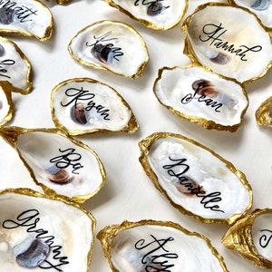 Gold Metallic Oyster Shell Place cards, Oyster Shell with Calligraphy for Wedding or Event, Escort Card, Wedding Placecards,