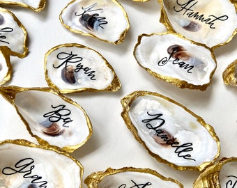 Gold Metallic Oyster Shell Place cards, Oyster Shell with Calligraphy for Wedding or Event, Escort Card, Wedding Placecards,