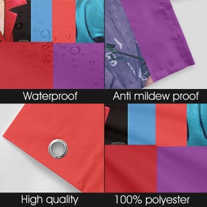 May include: A close-up of a red fabric with a silver grommet, and a collage of colorful fabric swatches. The text reads "Waterproof", "Anti mildew proof", "High quality", and "100% polyester".