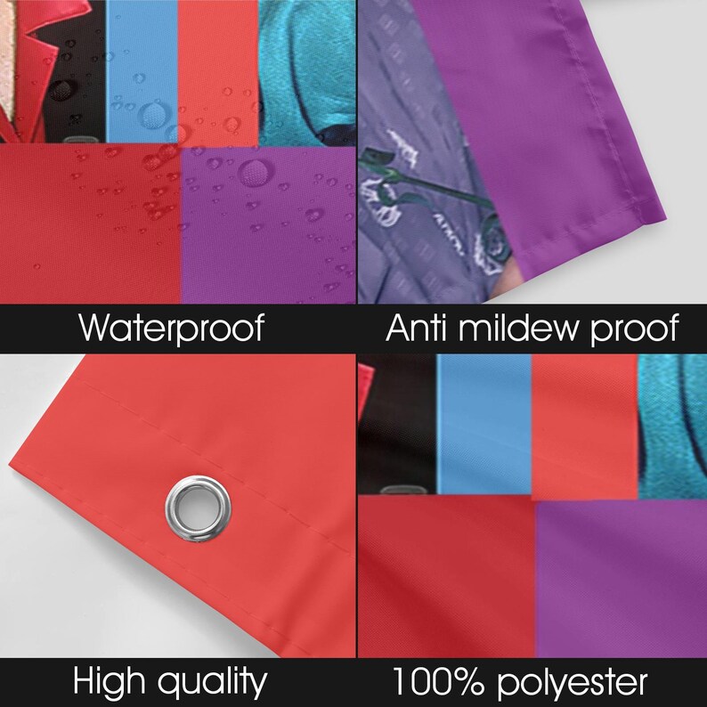 May include: A close-up of a red fabric with a silver grommet, and a collage of colorful fabric swatches. The text reads "Waterproof", "Anti mildew proof", "High quality", and "100% polyester".