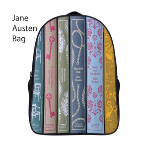 May include: A black backpack featuring a design of classic book spines. The spines are in various colors, including green, blue, and yellow, with titles like "Sense and Sensibility" and "Mansfield Park" by Jane Austen. The text "Jane Austen Bag" is at the top.