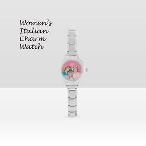 May include: A silver Italian charm watch with a round face displaying a family photo. The watch has a link band and a pink background on the watch face. The text "Women's Italian Charm Watch" is in the upper left corner.