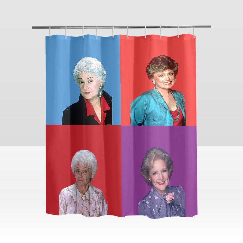 May include: A shower curtain featuring four panels with portraits of the Golden Girls. Each panel has a different background color: blue, red, red, and purple. The women are wearing various outfits and jewelry.