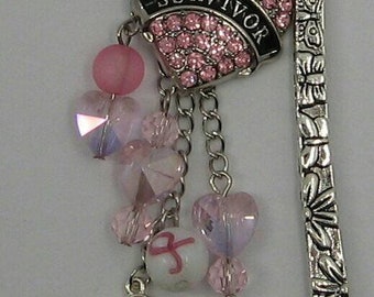 Breast cancer bookmark, survivor, bookmark,pink rhinestone,charms,heart, breast cancer ribbon