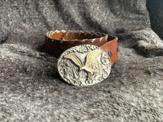 Vintage Brown Leather Embroidered Belt/ Belt With Big  display picture 3