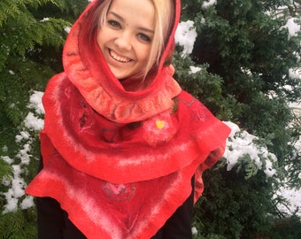 RED Felted Scarf/ Woman Shawl - beautiful gift for her