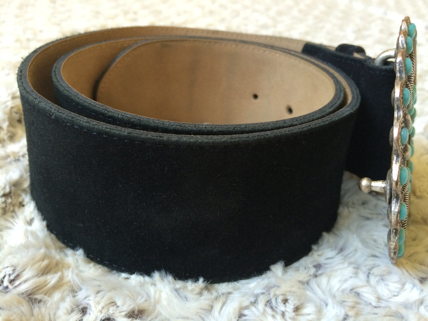 ?Bas Ass Black Suede Belt w Silver Hardware ? Rough Suede Leather Black Belt Silver Buckle White Contrast  main image 2