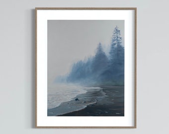 Neutral wall art print, Ocean wall art, Beach artwork, seascape painting,moody aesthetic art, misty tree art,vertical paper print,ocean gift