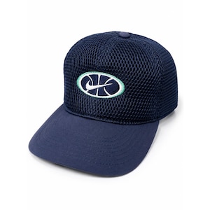 May include: Navy blue baseball cap with a mesh crown and a curved brim. The cap features a white and green embroidered logo on the front. The cap is a sporty accessory.