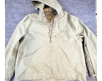 Vintage WWII US Navy N-2 Deck Parka Lace Up Smock Wet Weather USN Jacket Large