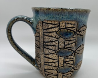 Green/Brown Mug with Carved Leaves, Carved Mug, Coffee Mug, Tea Cup, Ceramic Mug, 12 oz Mug