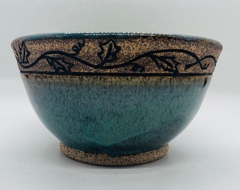 Green /Brown Cereal Bowl w/Carved Vines, Ceramic Bowl, Handmade Bowl, Soup bowl