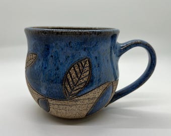 Carved Stoneware Mug, Blue Glaze, Leaf Design, 18 oz