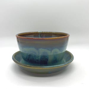 Handmade Stoneware Planter with Attached Saucer | Wheel Thrown Ceramic Pot, Green Blue Brown Glaze