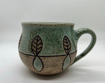 Large Green/Brown Mug with Carved Leaves, Carved Mug, Coffee Mug, Tea Cup, Ceramic Mug, 16 oz Mug