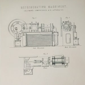 Antique Print C1870&#39;s Refrigerating Machinery Engraving Compressed Air Apparatus Victorian Steampunk Art