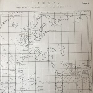 Gravure des marées de l'impression antique C1870 Co Lignes de marée basées sur le Dr Whewells Chart Nautical Maritime Art