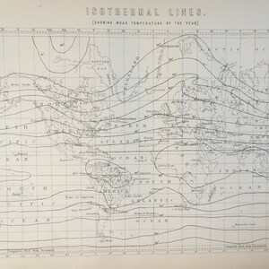 Stampa antica Linee isotermiche datate C1870 Incisione Temperatura media dell'anno