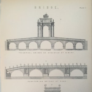 Antique Print Bridge Engraving Triumphal & Senatorain Bridges C1870&#39;s Rome