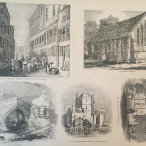 Antique Print Dated C1860&#39;s Watergate Street Chester Guildhall Chichester School Of Pythagoras Cambridge Engraving English History