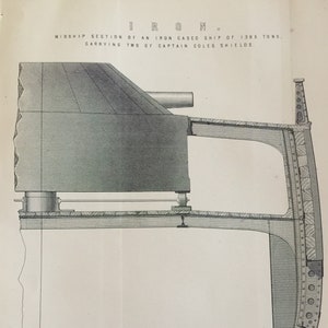 アンティークプリント 1877年頃 1385トンの鉄製の船の船体中央部分の鉄製部分。キャプテン・コールズの盾2枚を積載。絵画アート