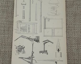 Grabado de soplete de la década de 1870 / Lámina antigua de química / Aparato científico victoriano / Arte mural de mineralogía / Decoración