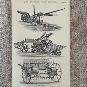 Print boerderijmachines jaren 1870 | Gravure van Hornsby-paragonmaaier | Antieke landbouwwerktuigen | Victoriaanse techniek