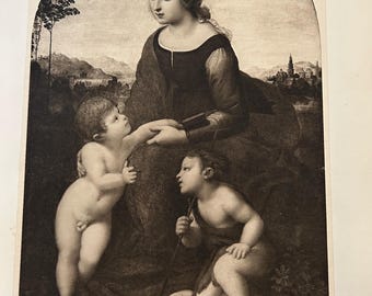 Antique Sepia Print 1901 | “La Belle Jardinière” by Raphael | Renaissance Madonna | Famous Painting