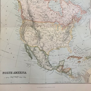 Antyczna mapa Ameryki Północnej z 1877 r. Mapa USA Kolorowa mapa świata Atlas Globe Picture Art