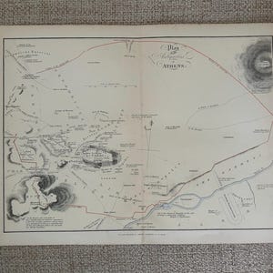 Antique Print c1870s | Fold-Out Map Engraving | Plan of Antiquities of Athens | Ancient Greece Architecture 