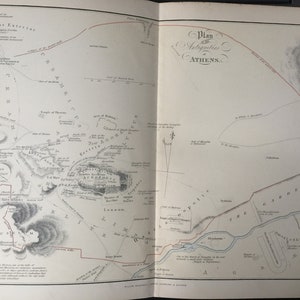 Antiker Druckplan der Antiquitäten von Athen C1870's Klappkarte Gravur antikes Griechenland