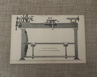 Antique Print | c1870s Turning Lathe Engraving | Victorian Industrial Art | Steampunk Picture | Engineering Artwork UK