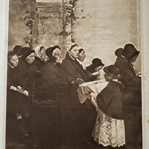 May include: Sepia-toned painting depicting a group of people, likely in a church setting. The figures, dressed in dark clothing and head coverings, are seated and facing forward. A young person in a white garment stands in the foreground, holding an object.