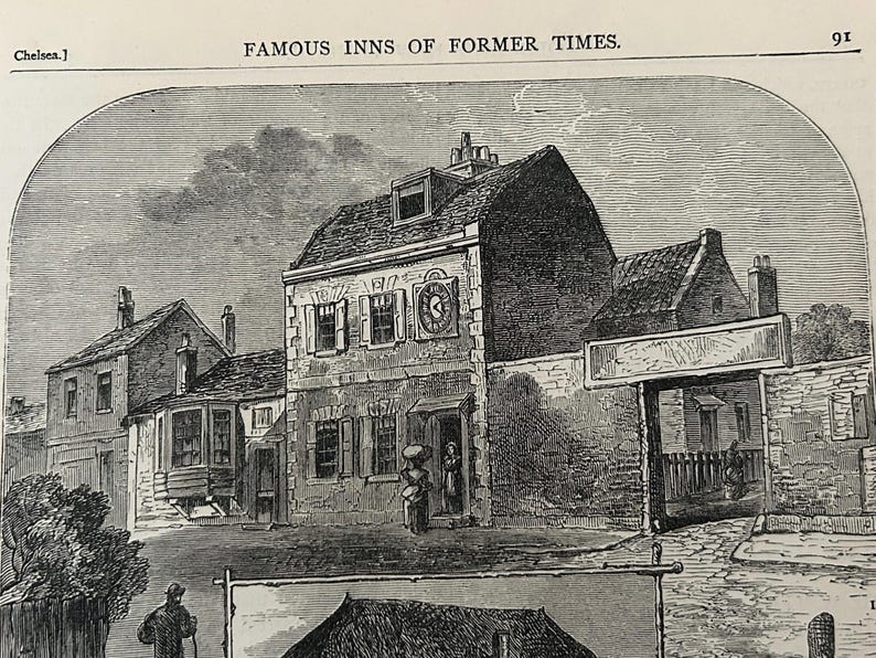 Antique London Print | 1876 | Old Chelsea in 1750 | White House Inn | Clock House | Engraving image 6