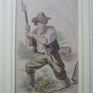 Antique Print Dated C1800S Original Colour Picture Of A Woodman Chopping Tree By E Duncan Axe Man Wall Hanging