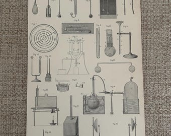 Grabado antiguo de la década de 1870 – Aparatos de calor y equipo científico / Grabado victoriano de física / Arte científico steampunk