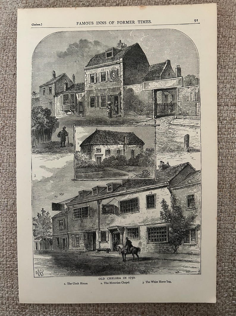 Antique London Print | 1876 | Old Chelsea in 1750 | White House Inn | Clock House | Engraving image 1