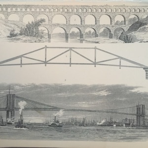Antique Print Bridge Pont Du Gard Suspension Bridge Engraving C1800&#39;s New York