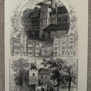 Antique London Print | 1876 Whittington’s House | Grub Street Aldgate Bethnal Green | Victorian Engraving
