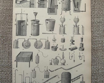 Grabado antiguo c1877. Química. Aparatos de laboratorio victorianos. Científicos.