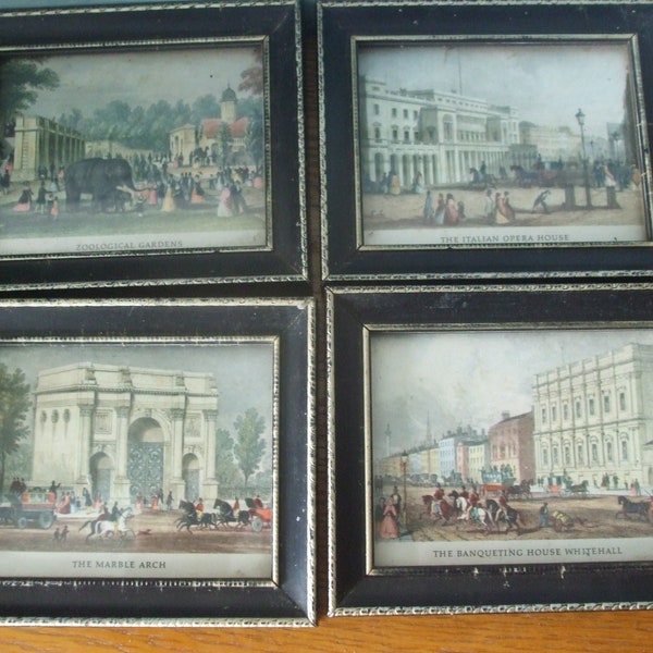 Antique Print Set 4 Miniatures Marble Arch London Zoological Gardens Banqueting House Whitehall Italian Opera House Framed Pictures