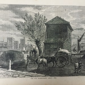 Antieke print gedateerd C1876 The Old Horseferry omstreeks 1800 Londen gravure geschiedenis Art Print