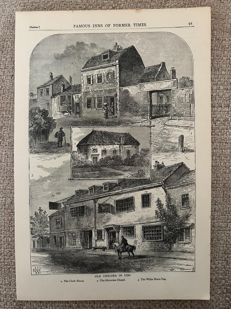 Antique London Print | 1876 | Old Chelsea in 1750 | White House Inn | Clock House | Engraving image 2