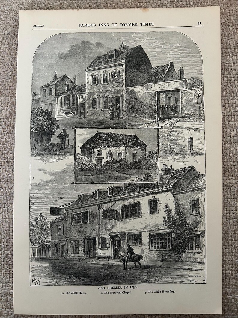 Antique London Print | 1876 | Old Chelsea in 1750 | White House Inn | Clock House | Engraving image 3