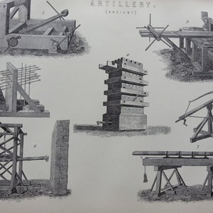 Antique Print Dated C1870&#39;s Artillery Ancient Engraving Weapons War Fighting Battle Crossbow Arrows Military Picture Home Decor Art