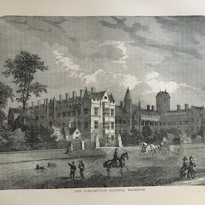 Antieke print gedateerd 1876 het consumptieziekenhuis Brompton Londen gravure geschiedenis kunst foto