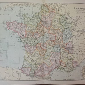 Antike Karte von Frankreich in Abteilungen datiert C1877 Farbkarte der Welt Europa Atlas Globus Bild Art