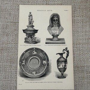 Antique Print | C1877 Ceramic Arts Engraving | Veiled Bust Raphaelesque Porcelain | Worcester Vase Minton Vintage