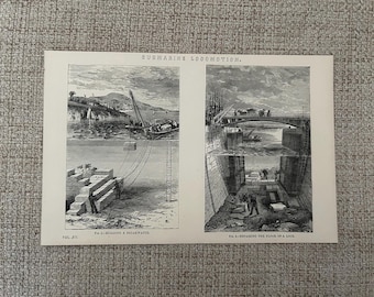 Antique Print C1877 | Submarine Locomotion | Building a Breakwater | Repairing Floor of a Lock | Maritime Picture