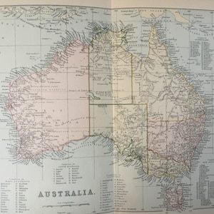 Ancienne carte de l'Australie, carte du monde, Atlas de gravure des années 1870